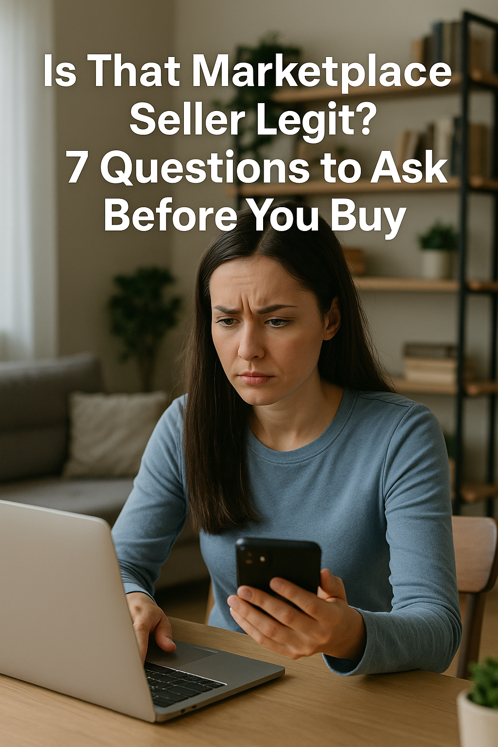 Person using SureBuy.io to analyze a marketplace listing on their smartphone before purchasing.