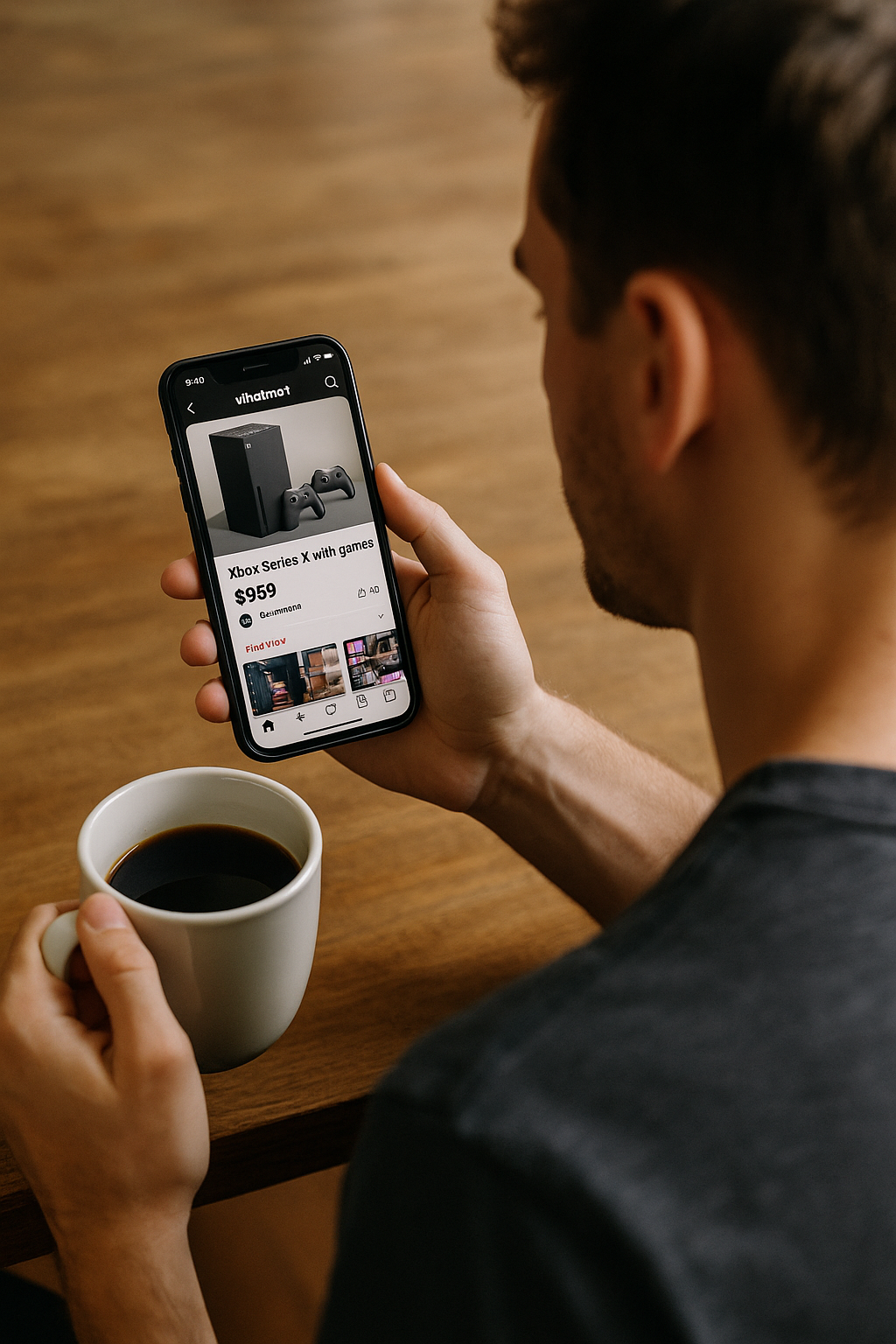 Person using SureBuy.io to analyze a marketplace listing on their smartphone before purchasing.
